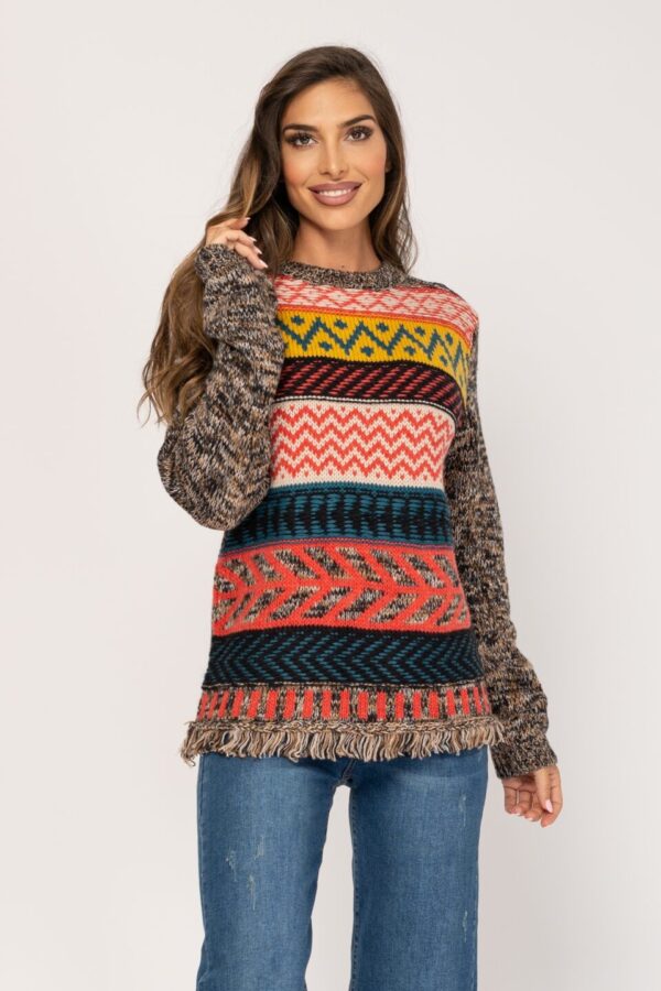 JERSEY RAYAS Y MANGAS JASPEADAS CUELLO CAJA CON FLECOS