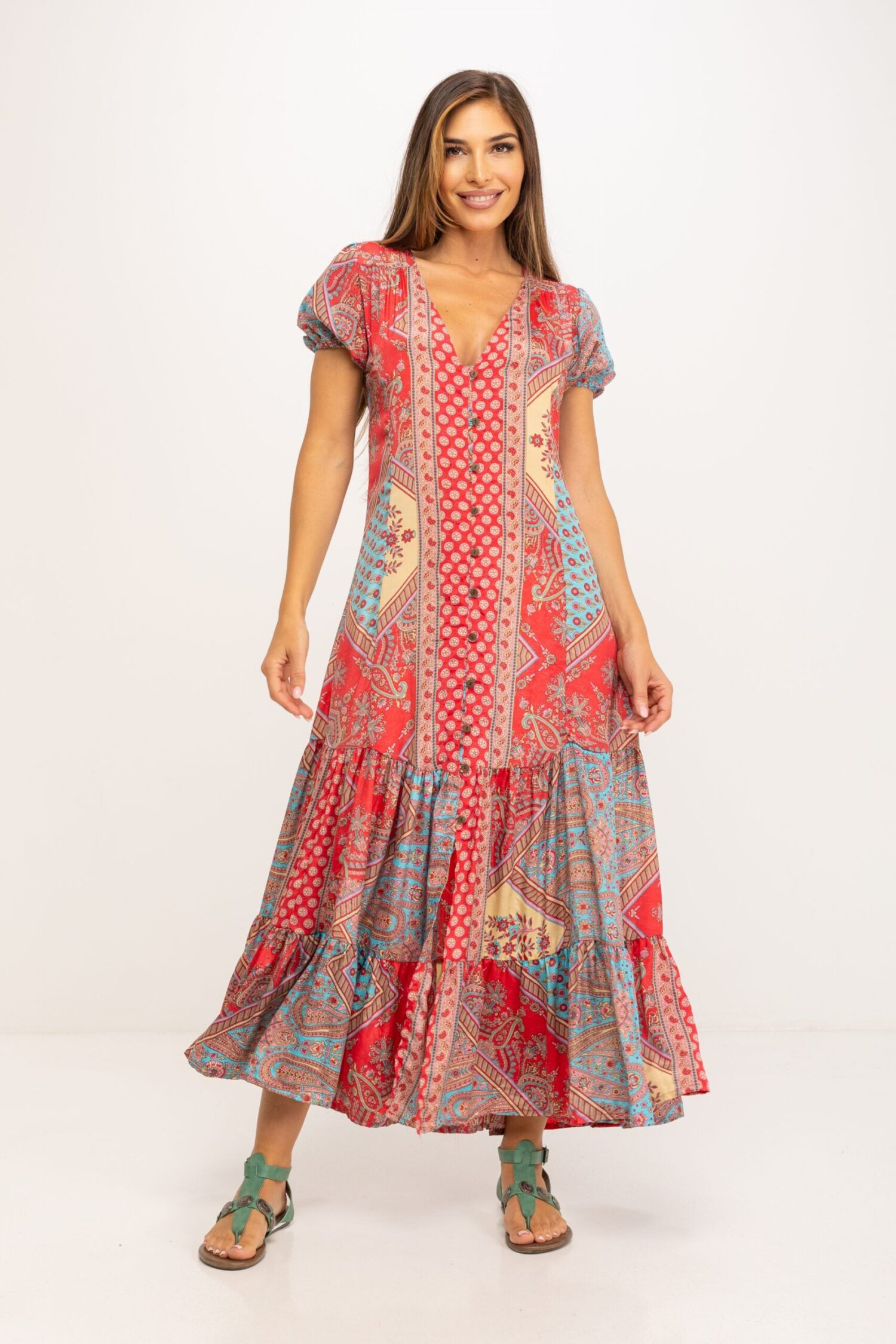 VESTIDO LARGO ESTAMPADO ABIERTO EN DELANTERO CUELLO EN V MANGA CORTA