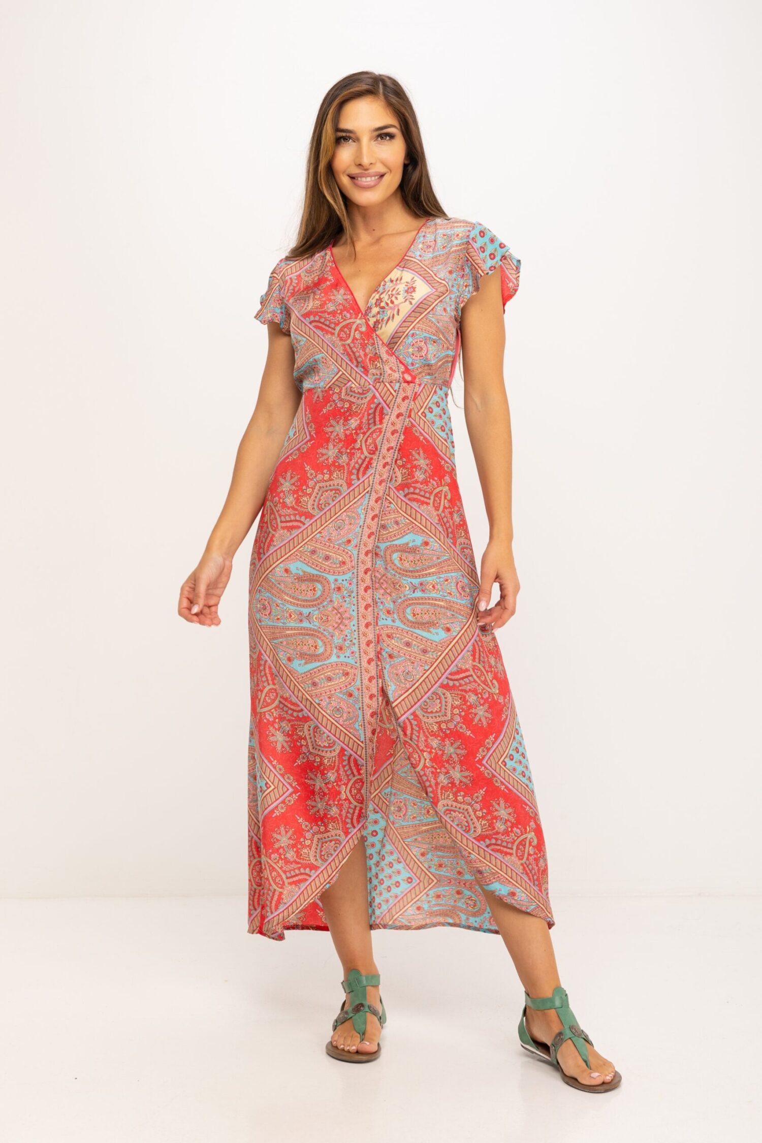 VESTIDO LARGO ESTAMPADO CON MANGA MUY CORTA Y CREMALLERA LATERAL Y GOMA EN CINTURA ESPALDA, ABIERTO EN DELANTERO DE CINTURA A BAJO