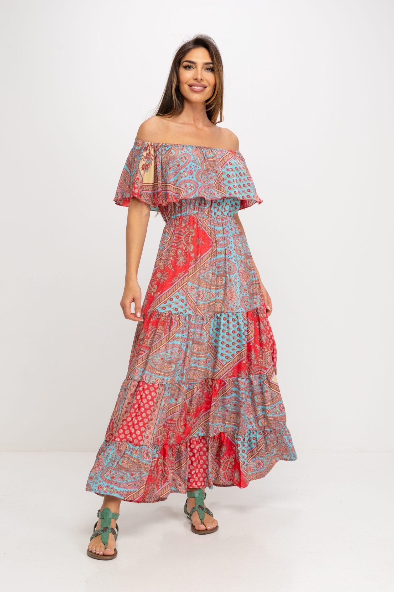 VESTIDO LARGO ESTAMPADO TIPO RANCHERA, ESCOTE PALABRA DE HONOR CON ELASTICO Y CORTE EN ALTURA DE LA CINTURA