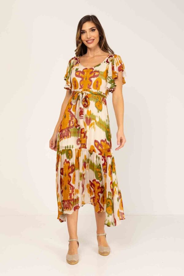 VESTIDO MIDI ESTAMPADO ESPECIAL FLUIDO, MANGA CORTA DE VOLANTES, ESPALDA CON ESCOTE PICO Y CINTURON DE LAZADA