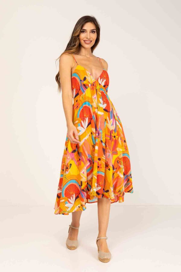 VESTIDO CON LARGO POR DEBAJO DE RODILLA, TIRANTES ESPAGUETI, ESCOTE ATREVIDO Y CORTE BAJO EL PECHO PARA AJUSTAR CINTURA