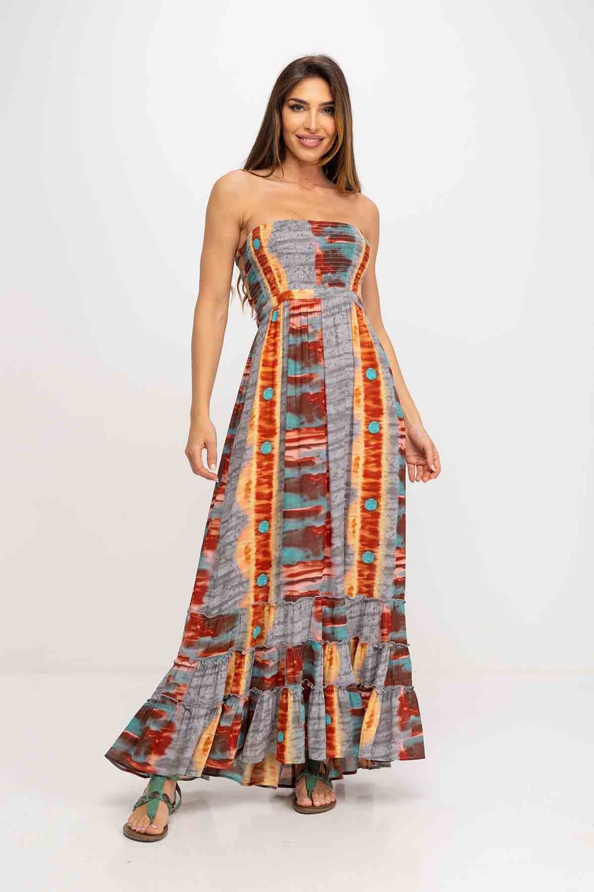 VESTIDO ESTAMPADO ESCOTE PALABRA DE HONOR CON ESPALDA ESPECIAL AJUSTABLE CON VARIOS ELASTICOS Y CINTURA CON LAZO, FALDA CON VARIOS CORTES COMBINANDO ESTAMPADOS