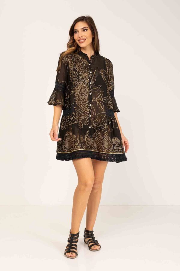 TUNICA ABOTONADA CON DIBUJOS ESTAMPADOS EN DORADO FIGURAS CON ABALORIOS Y LENTEJUELAS