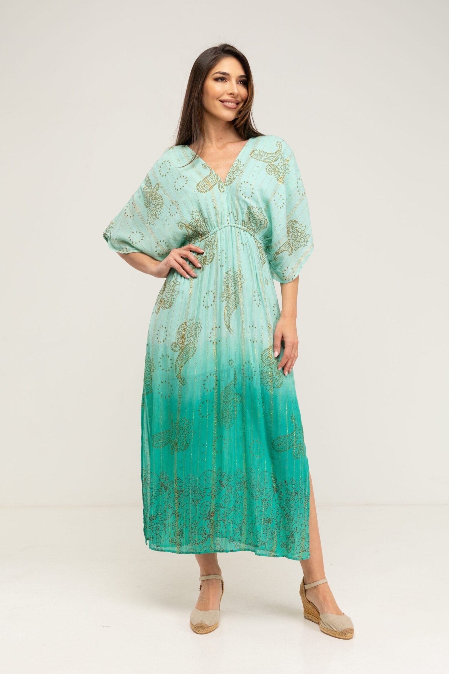 VESTIDO LARGO ESTAMPADO DORADO EN TEJIDO RUSTICO