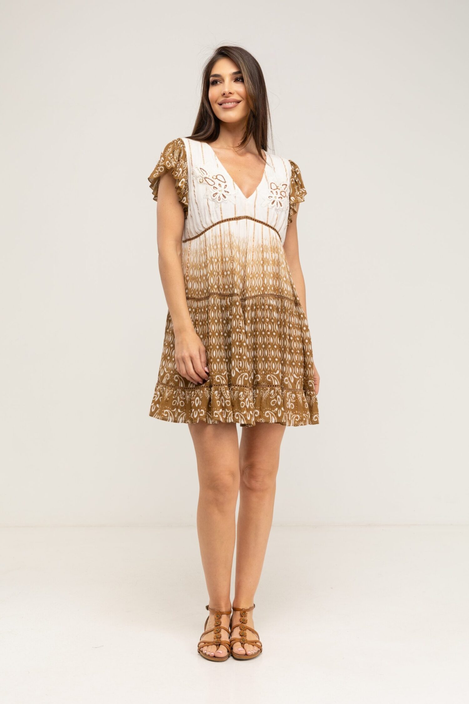 VESTIDO DEGRADADO MANGA 3/4 CON BORDADO MANUAL Y LUREX