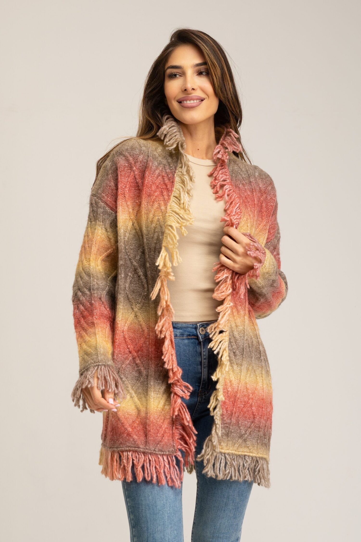 CHAQUETA LARGA ABIERTA DEGRADE CON FLECOS