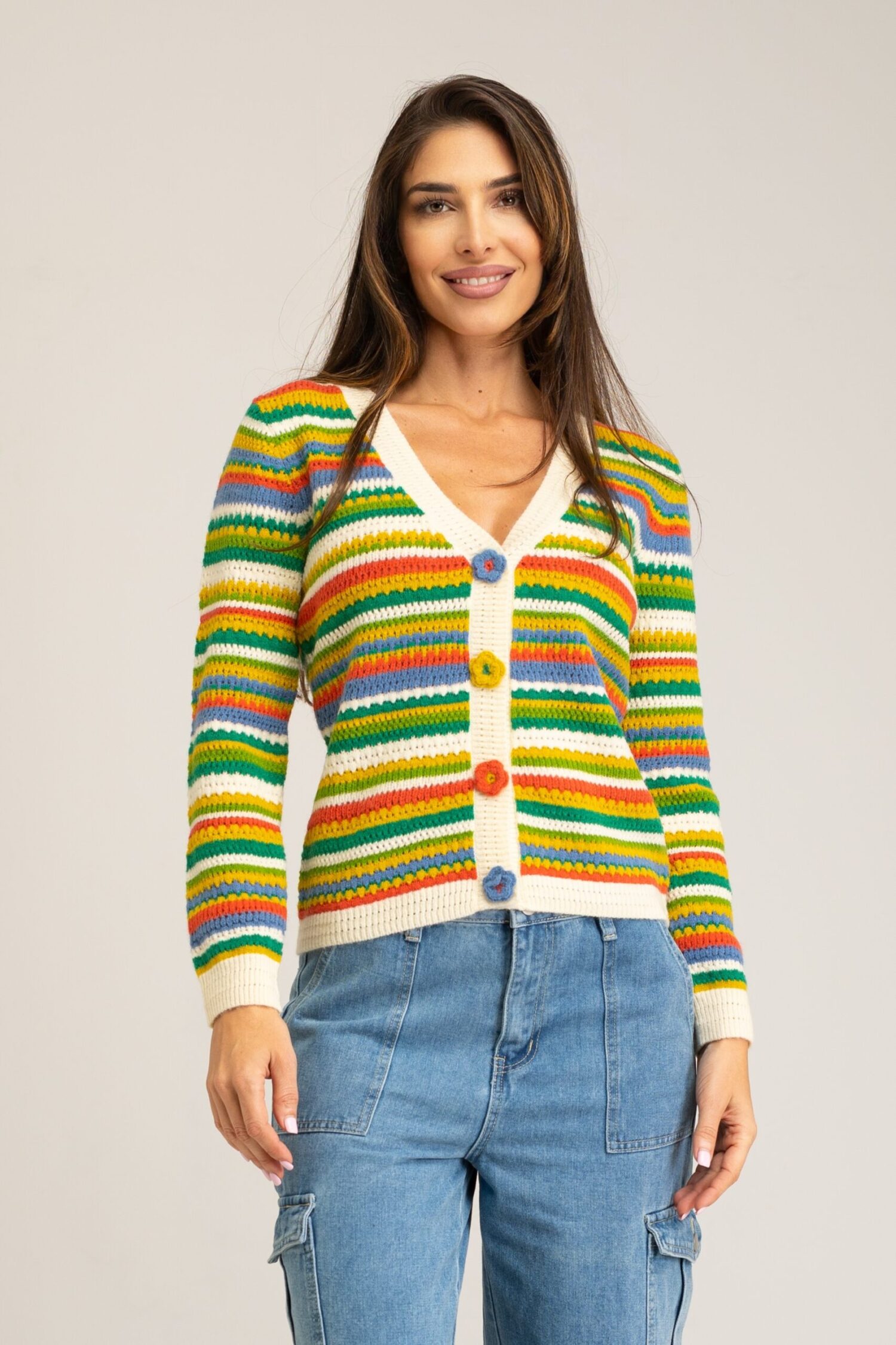 CHAQUETA RAYAS CROCHET CUELLO EN V BOTONES DE CROCHET