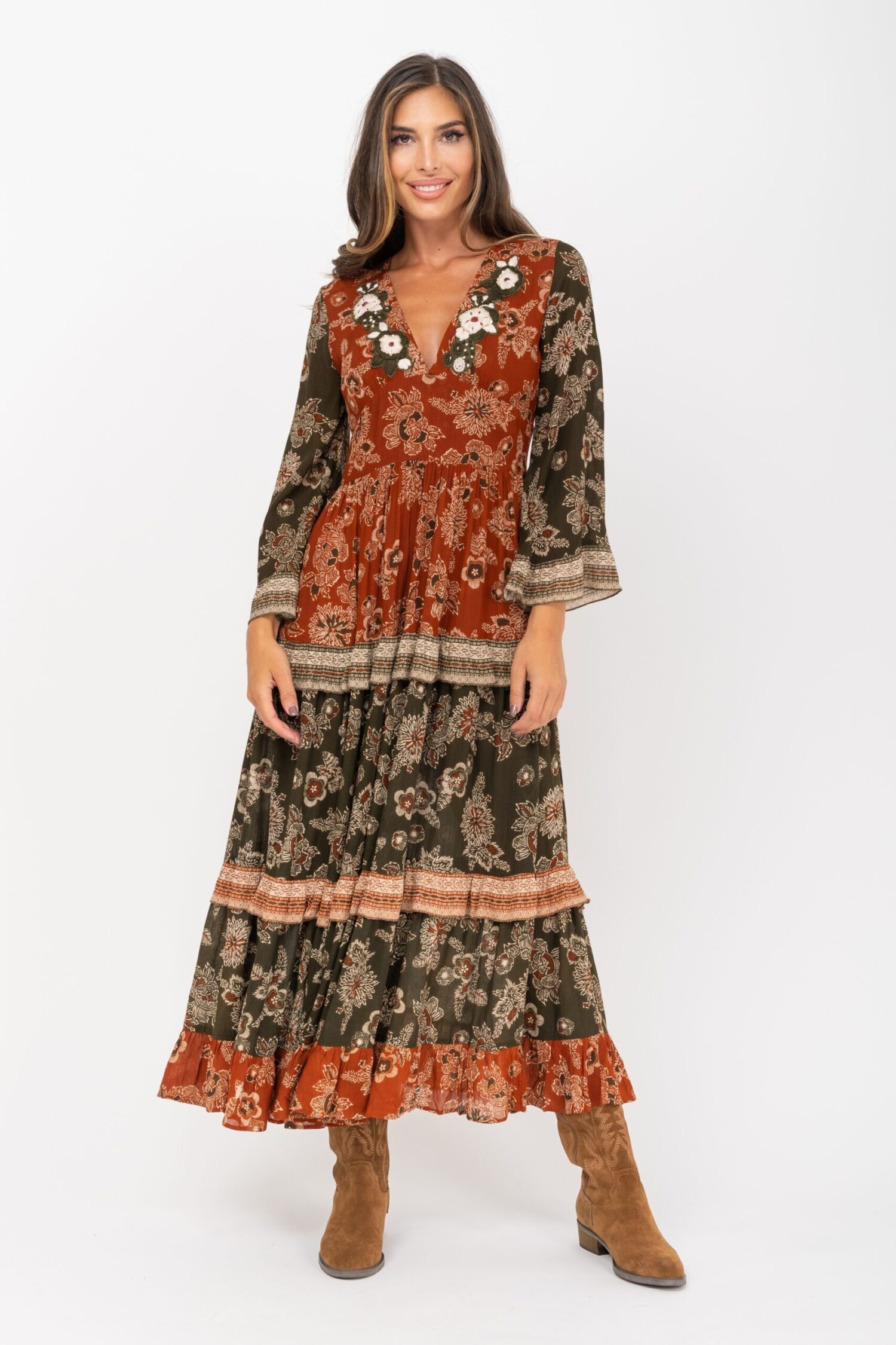 VESTIDO LARGO MULTI ESTAMPADOS CON BORDADO