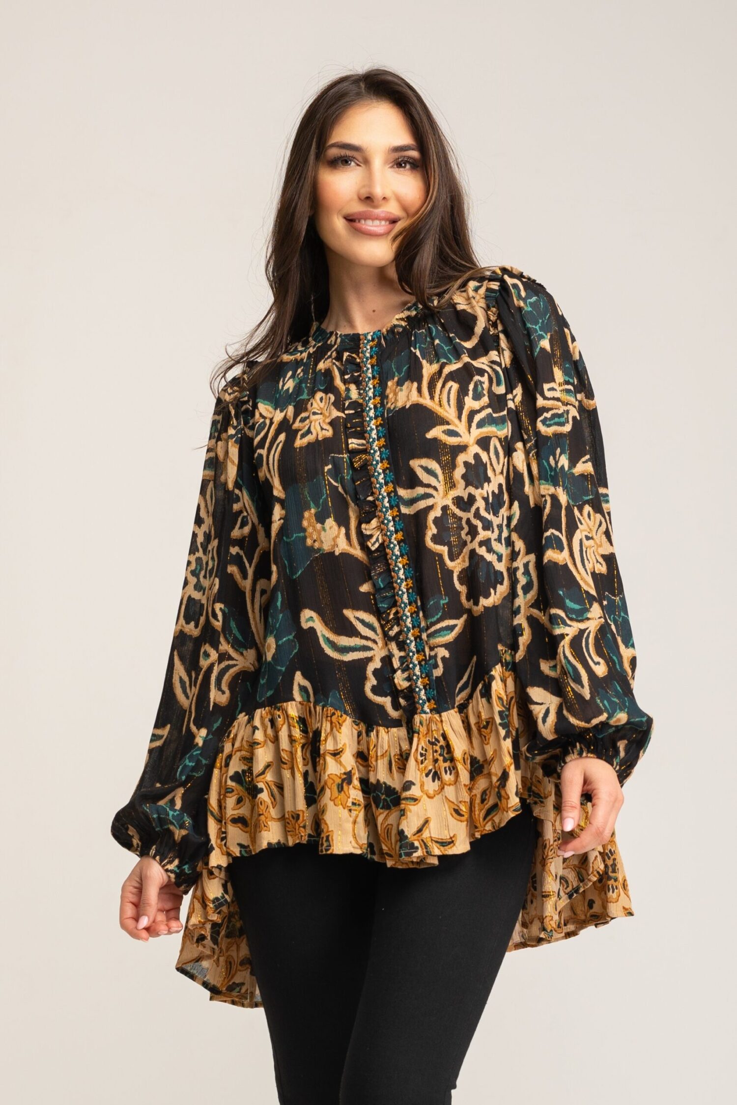 TUNICA VISCOSA LUREX ESTAMPADA CON VOLANTE