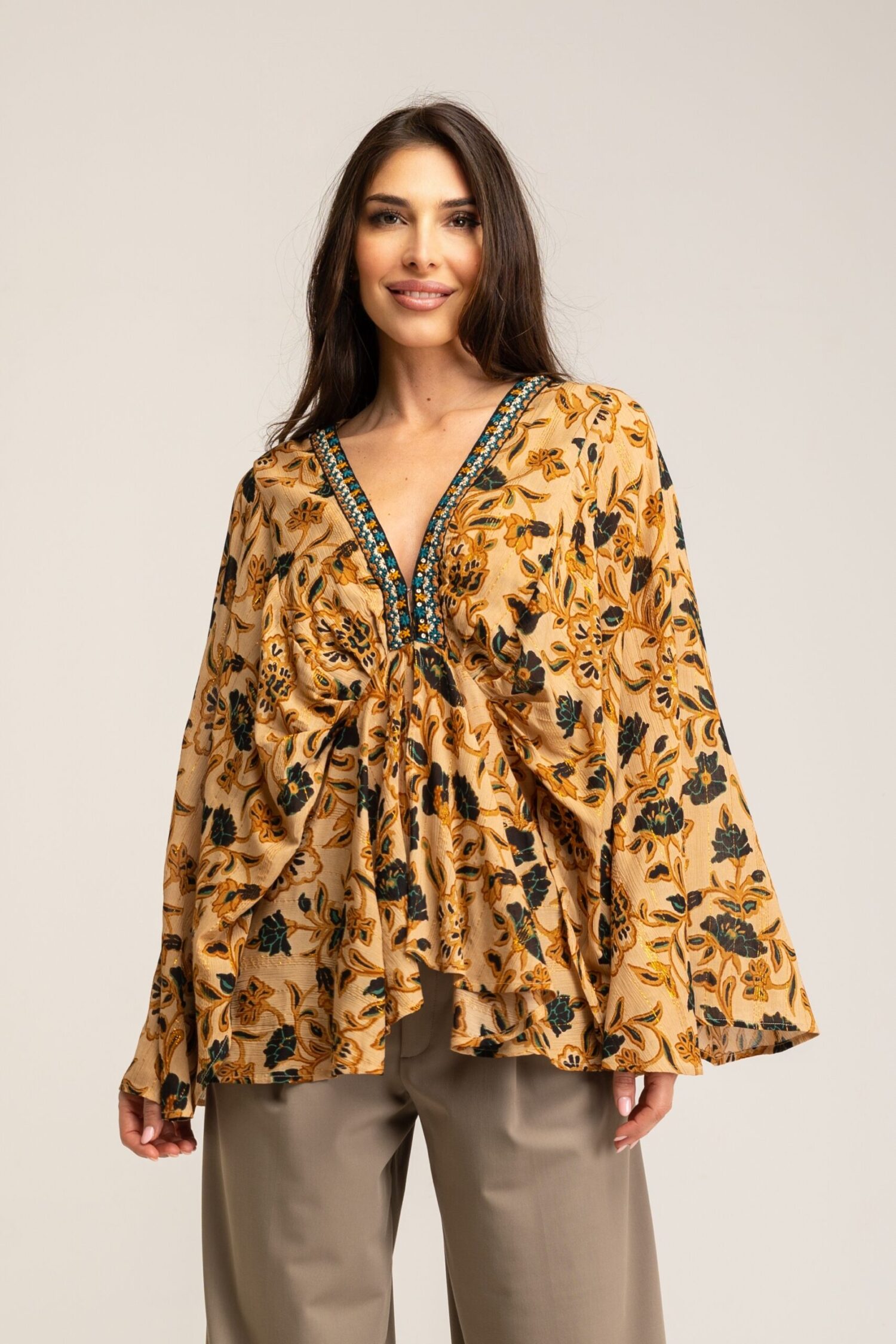 TUNICA VISCOSA LUREX ESTAMPADA CON BORDADOS