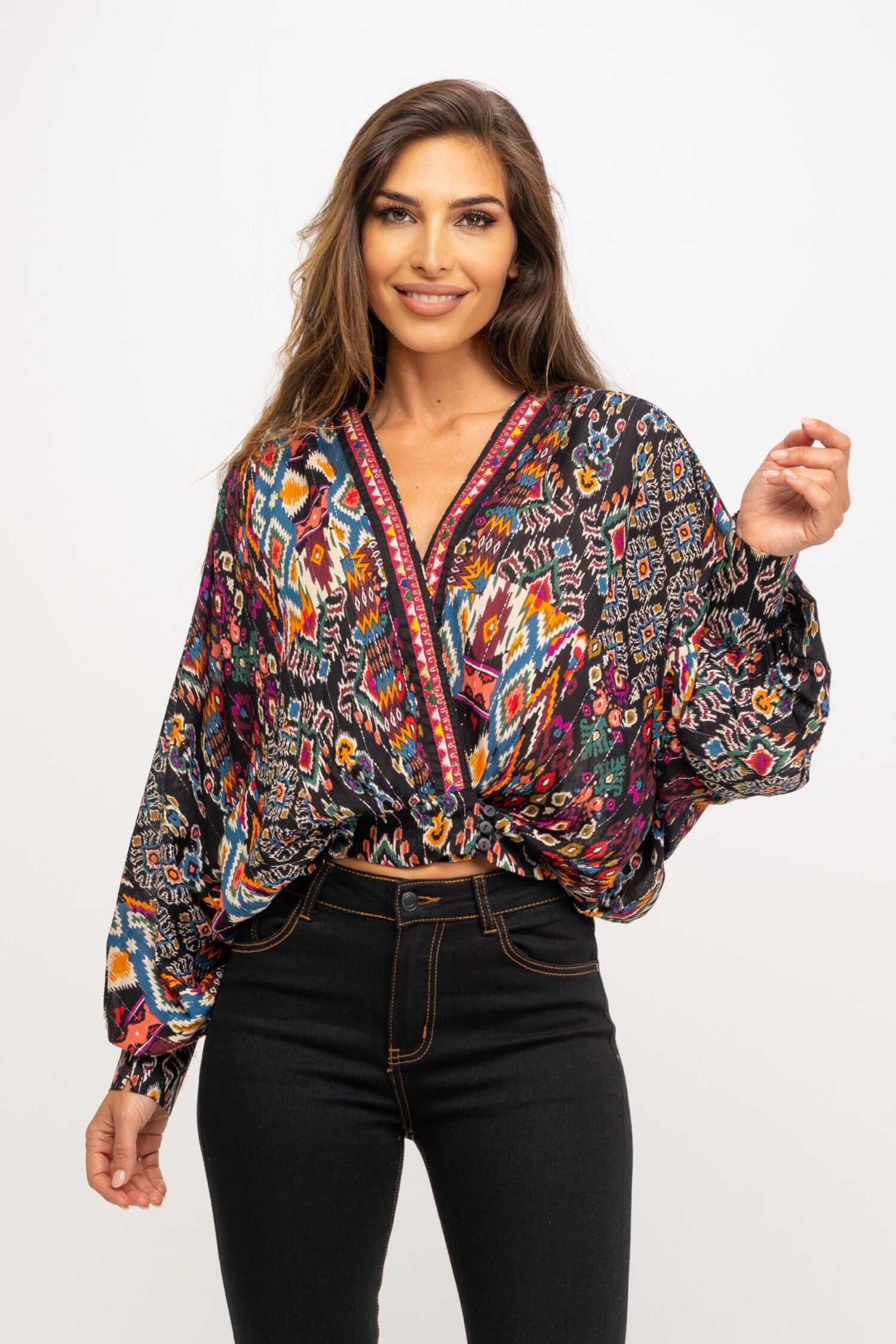 BLUSA VISCOSA LUREX ESTAMPADA BORDADA CRUZADA DELANTE