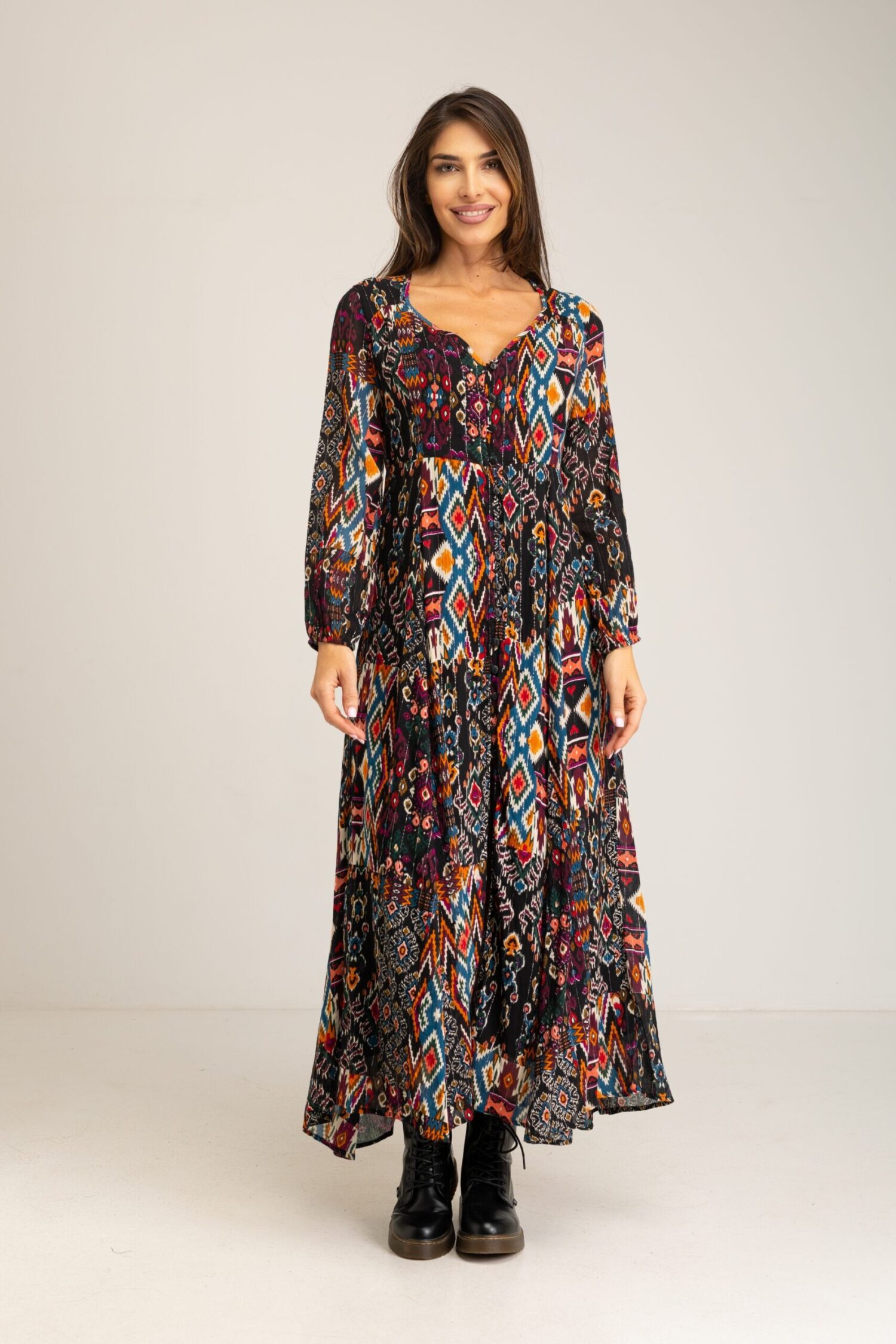 VESTIDO LARGO ESTAMPADO CUELLO ABIERTO