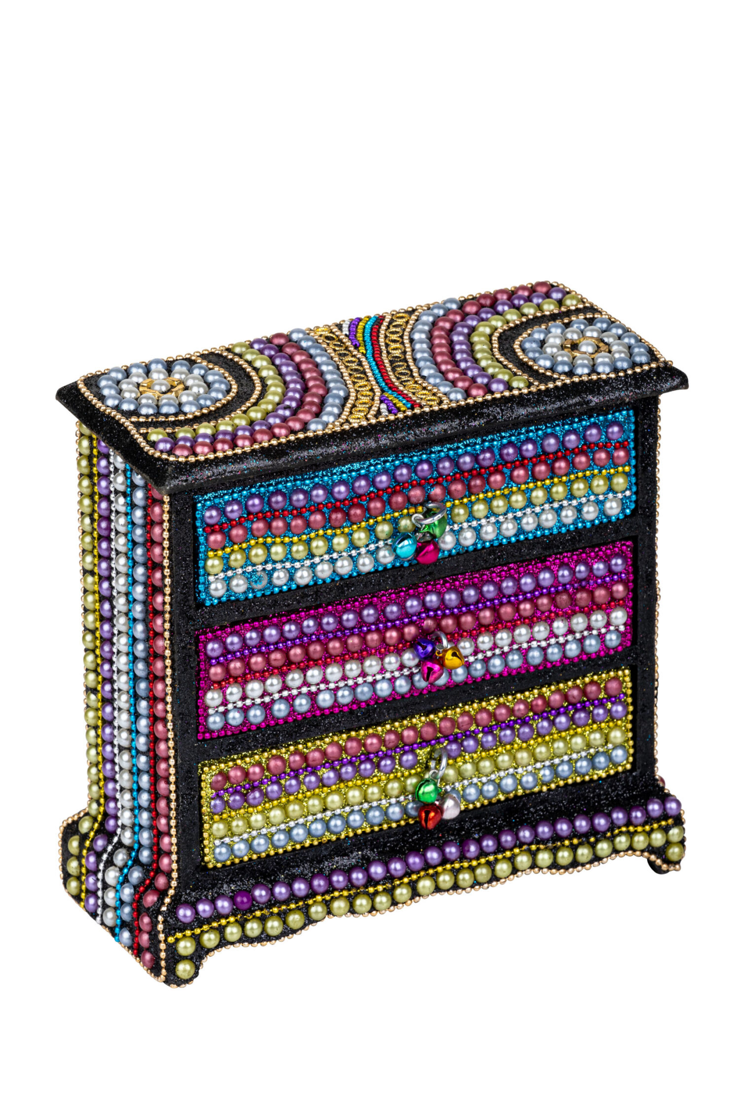 CAJA DE MADERA DECORADA A MANO CON CON ABALORIOS DE COLORES