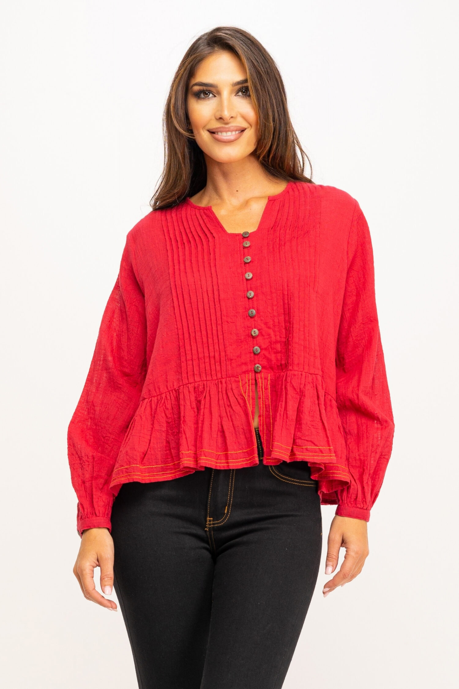 BLUSA DE ALGODÓN CON PLIEGES Y PUNTADAS DE COLOR