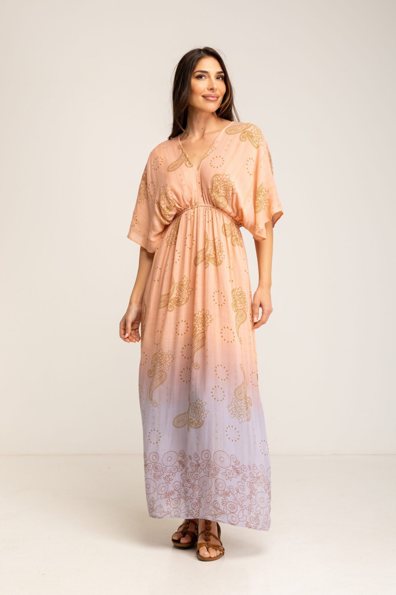 VESTIDO LARGO ESTAMPADO DORADO EN TEJIDO RUSTICO