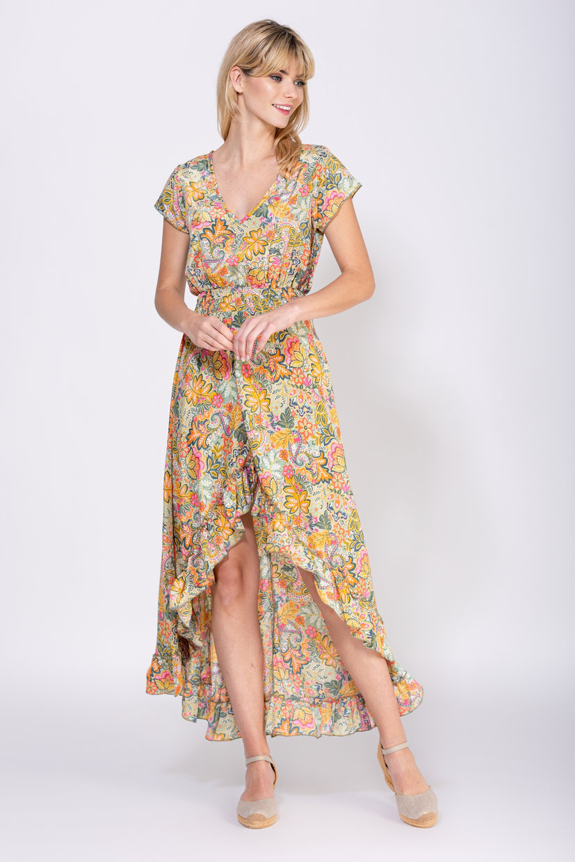 VESTIDO LARGO ESTAMPADO CON ELASTICO EN CINTUTA VOLANTE EN EL BAJO CON DIFERENTES LARGOS